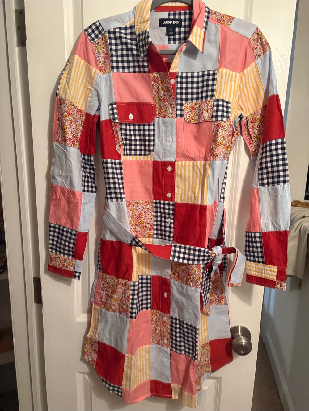 Lands' End Patchwork Button-Front Shirt Dress in Red, Pink, Yellow, Blue